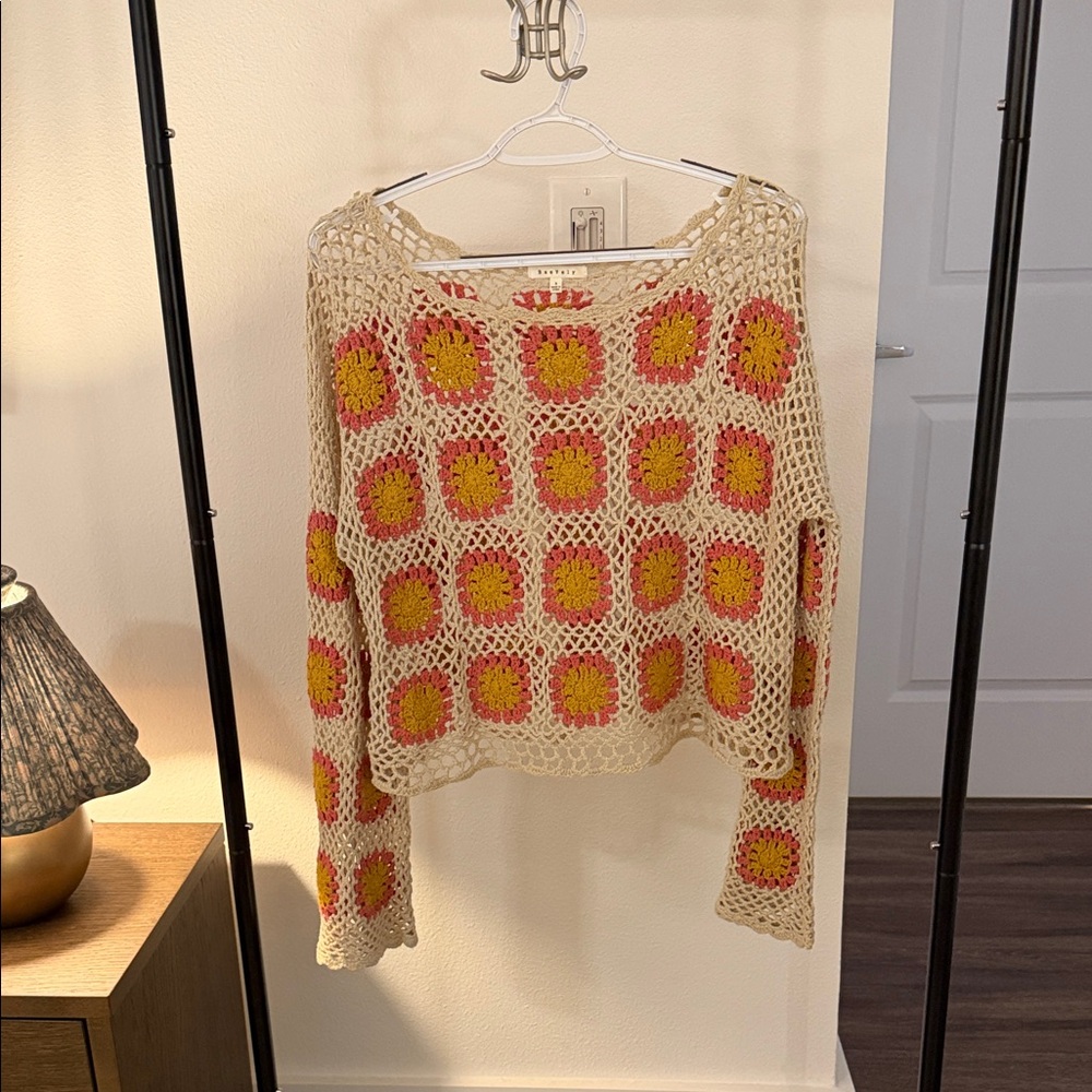 Crochet Knit Sweater - Cream and Pink